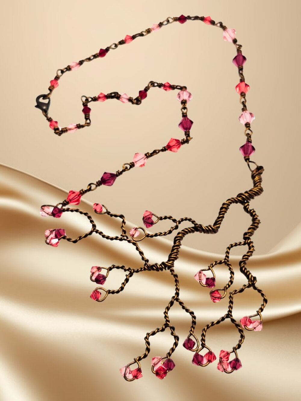 Hand Twisted Copper Tree Necklace Pink Crystal Cherry Blossom Statement Artisan - Picture 6 of 10